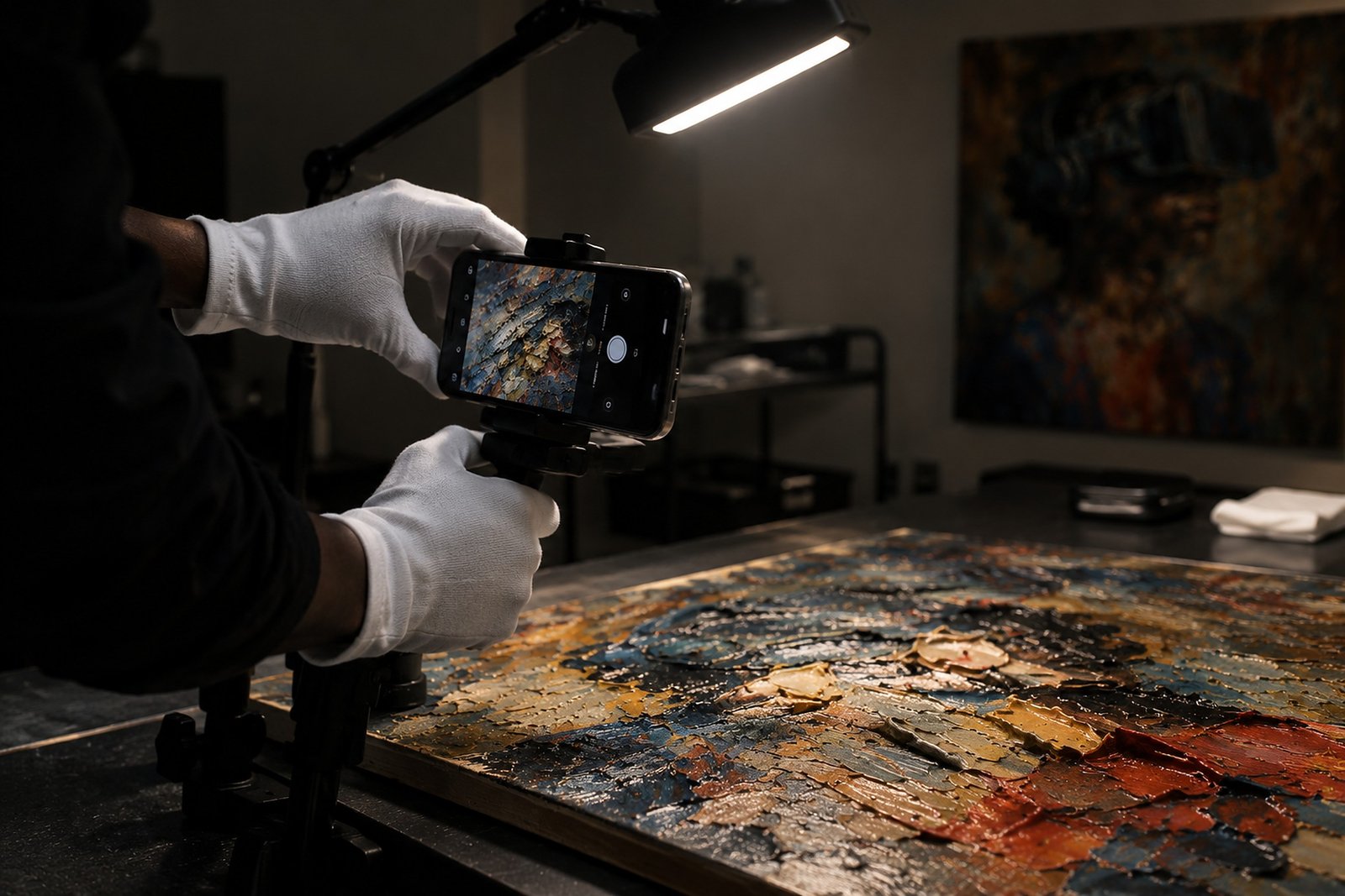 Gloved hands hold a phone on a small tripod, photographing the thick paint surface of Virtual Reality under a single lamp.
